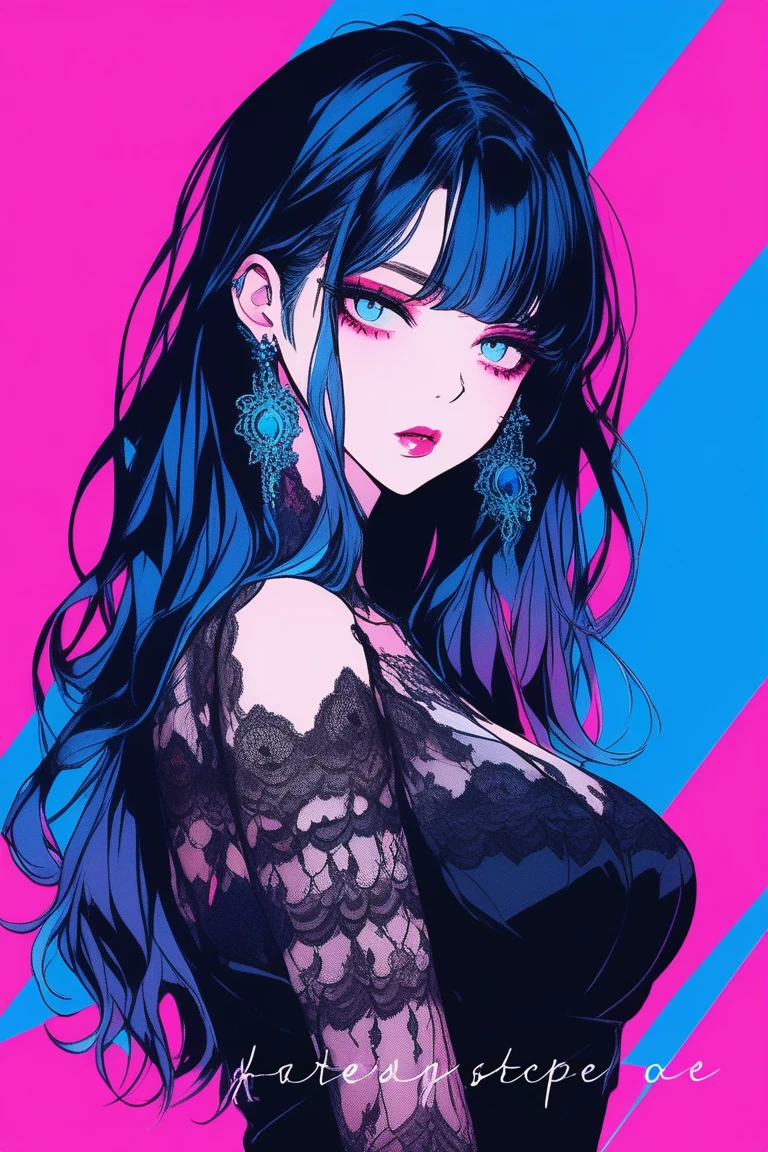 (masterpiece,Highest quality), Illustrator, anime , Realistic ,sketch , 1 person, model, lip, A sheer gothic black mini dress with lots of lace.., order, Blue and pink gradient background, Medium hair with neon colors, Big Breasts, Upper Body, Sexy look, Sexy pose, Texture Trim, Russian, (masterpiece,Highest quality)