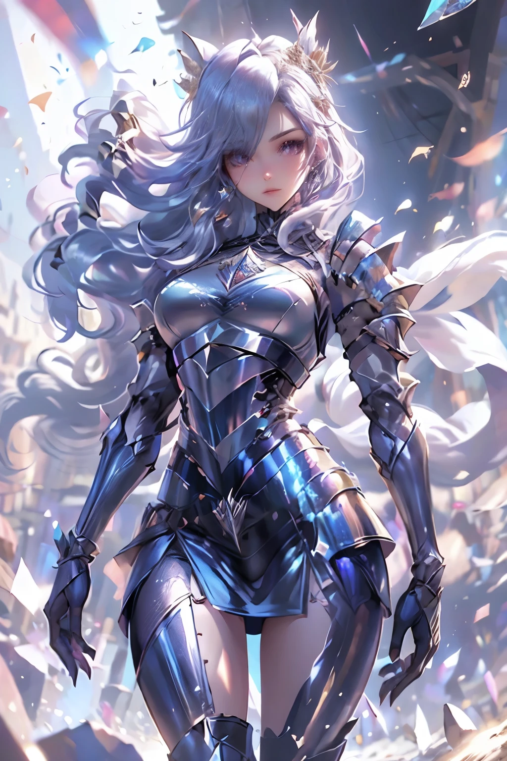 full body depiction of a female full armoured knight, full steel plate, castle background