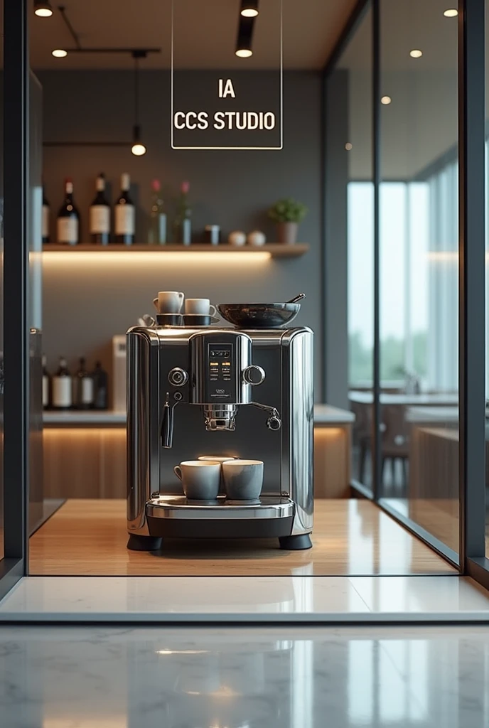 In a stunningly minimalistic glass office café area, adorned with a sign reading "IA CCS STUDIO", the focal point is a sleek and modern coffee machine. This image, perhaps a photograph, captures the elegance of the setting with its polished surfaces and clean lines. The coffee machine gleams in the soft lighting, exuding a sense of sophistication and luxury. The meticulous attention to detail, from the arrangement of the space to the precision of the machine, elevates this image to a truly exquisite work of art.