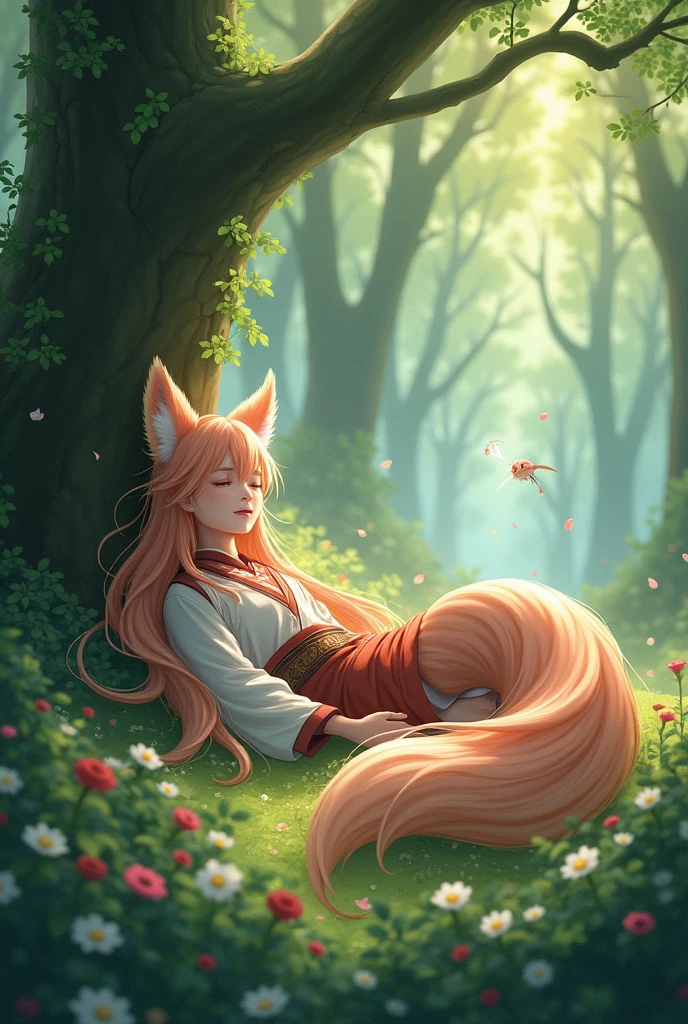 young guy with long peach colored hair with fox ears with fox tail in Chinese clothes sleeps under the tree in magical forest someone's hand grabs his tail realism
