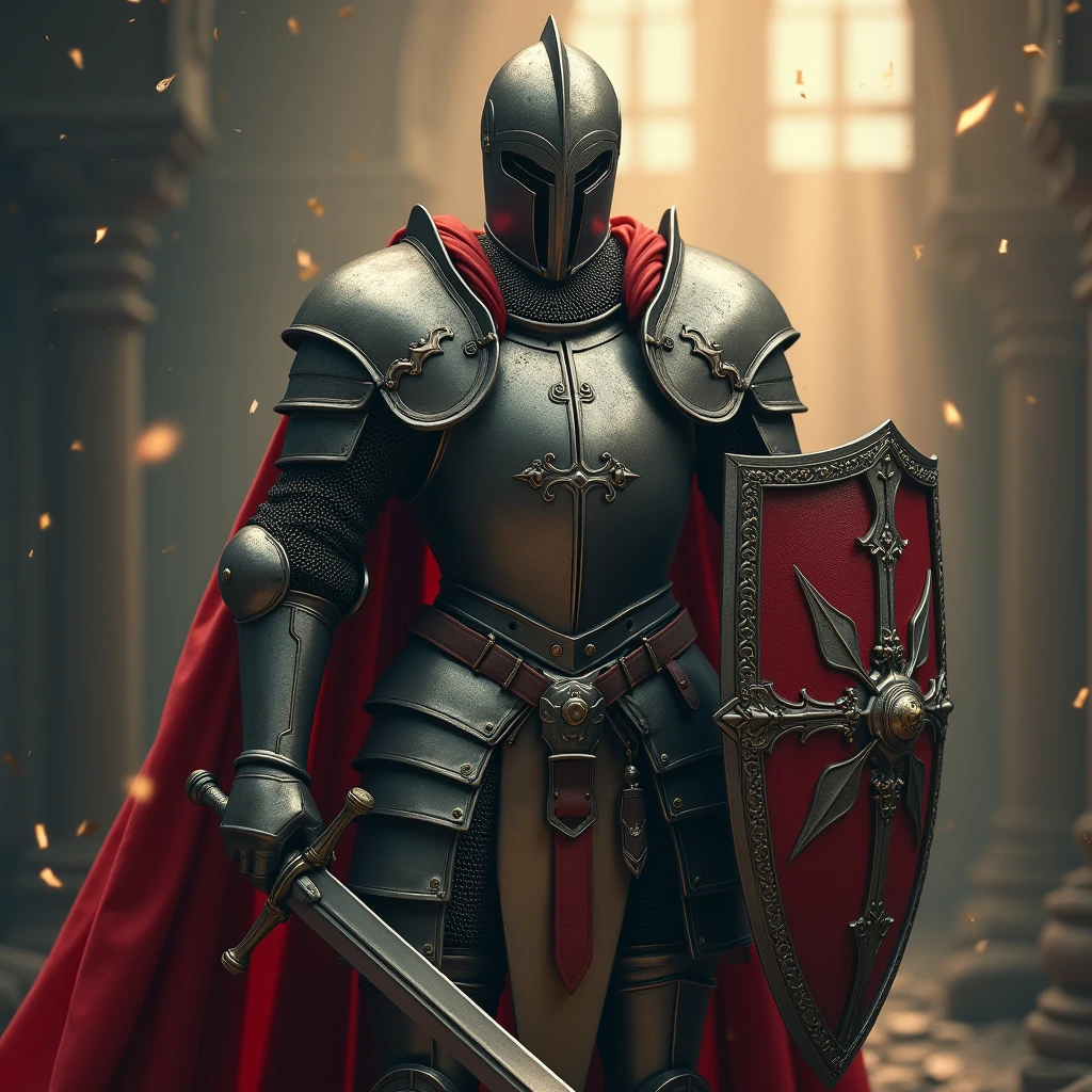 knight in full armor with sword and shield, Very detailed, 8k, Global Illumination, Wide-angle, God's Rays,Full Body Shot.