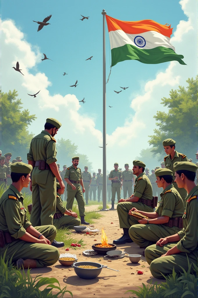Many indian solger on ground, some solgier sitting, and some standing, ladies soldier Wellcome our country, sitting solgier coocking food, other soldier eating food, many more birds flying with tiranga flag in sky,