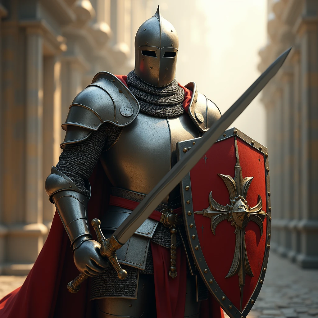 knight in full armor with sword and shield, Very detailed, 8k, Global Illumination, Wide-angle, God's Rays,Full Body Shot.