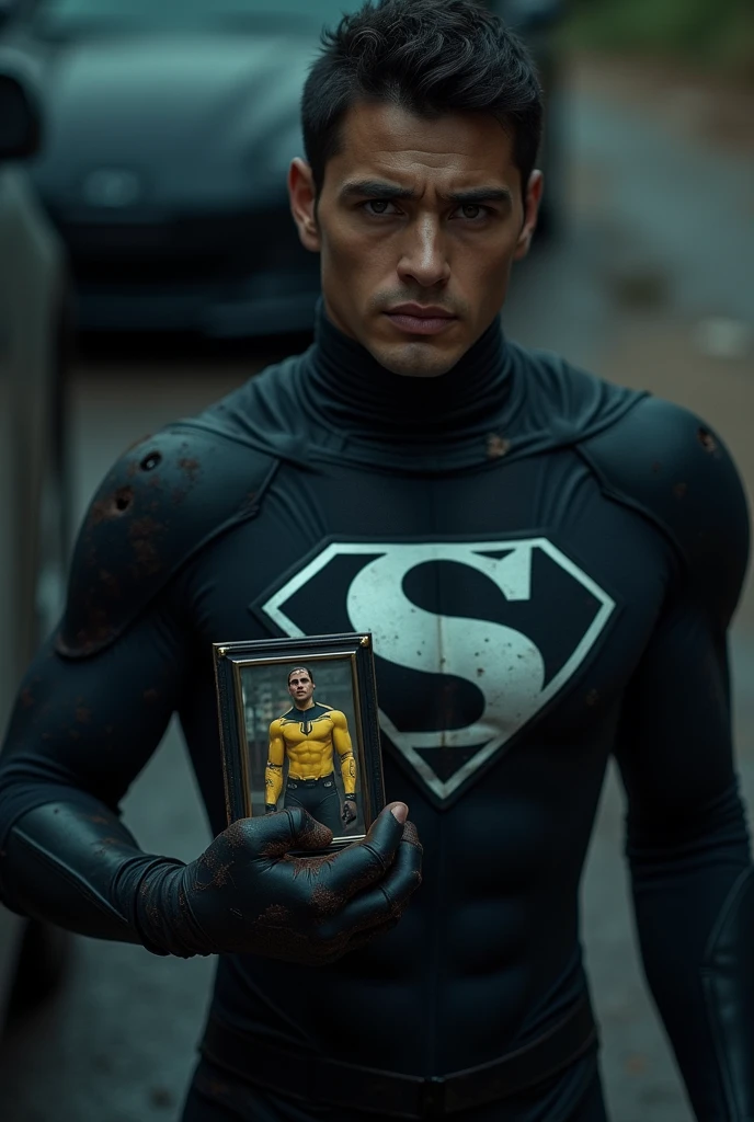 A dark screen, but reflected in a car you see a superhero, wounded, in a black suit with a white 'S' on his chest. He says, "I am Sida Man, I always come back." He holds the photo of a baby and another superhero in a yellow suit.