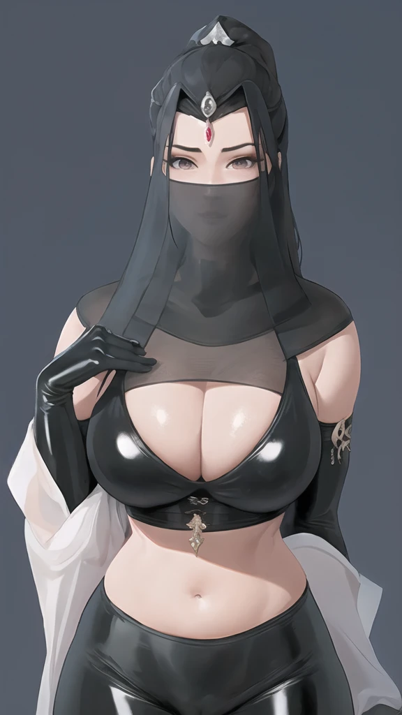 Bowei, (lifelike, high - resolution:1.3) , upper body , 1 girl with a perfect body, skinny thighs, Super fine face and eyes,slong hair, diamond midriff of black colors:1.2, black shiny leggings,face veil, big boob,Expose cleavage, ninja pose, satin gloves.