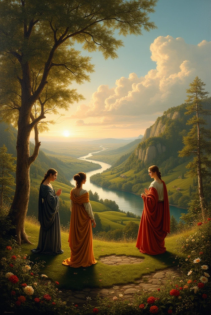 Create a magnificent painting in the style of Leonardo da Vinci, capturing a serene and contemplative landscape that combines his mastery of light, anatomy, and perspective. The scene should feature a lush, expansive meadow stretching out towards a distant, softly glowing horizon. In the foreground, include a gracefully winding river with crystal-clear waters that reflect the soft hues of the sky.

Incorporate a group of elegant figures engaged in a harmonious interaction with nature. These figures, dressed in Renaissance attire, should exhibit da Vinci’s characteristic attention to anatomical precision and expressive gestures. Include detailed studies of flora and fauna, with delicate, intricate linework showcasing the natural beauty and scientific curiosity that da Vinci often infused into his work.

Employ chiaroscuro to create a dramatic interplay of light and shadow, enhancing the depth and realism of the scene. The overall composition should evoke a sense of tranquility and intellectual curiosity, characteristic of da Vinci’s profound appreciation for both art and the natural world.