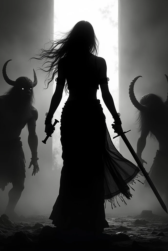 Black shadow image of draupadi in saree have sword in hands protecting herself from demons in one side of the pic