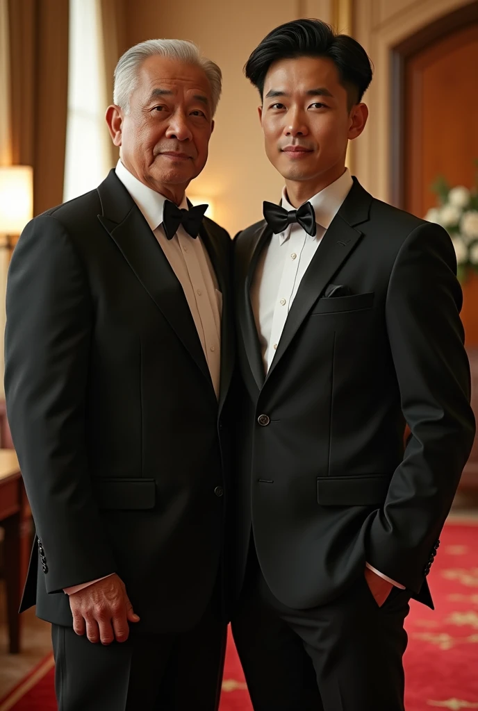 a handsome korean gentleman, 27 years old, groom in formal suit and bow tie, wedding ceremony, provocative and erotic pose, luxurious wedding hall, armpit sweat, Vietnamese scenery, professional attire, handsome and elegant, abstinence sexy, , masculine and handsome, muscular, beautiful looking muscles, white skin, black eyes (1:3 thin eyes), full body photo, erotic face, firm chest, provocative, sexy, intimate with mature vietnamese father-in-law, wearing suit, muscular, 65 years old