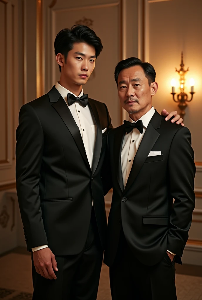 a handsome korean gentleman, 27 years old, groom in formal suit and bow tie, wedding ceremony, provocative and erotic pose, luxurious wedding hall, armpit sweat, Vietnamese scenery, professional attire, handsome and elegant, abstinence sexy, , masculine and handsome, muscular, beautiful looking muscles, white skin, black eyes (1:3 thin eyes), full body photo, erotic face, firm chest, provocative, sexy, intimate with mature vietnamese father-in-law, wearing suit, muscular, 65 years old