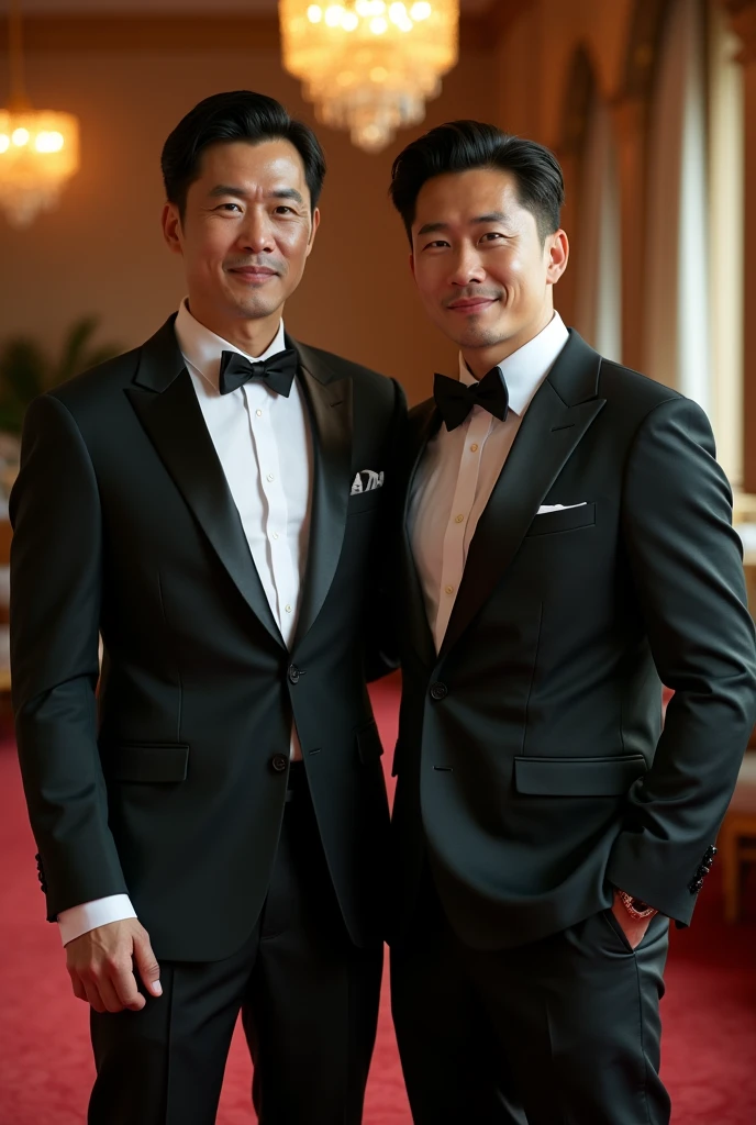 a handsome korean gentleman, 27 years old, groom in formal suit and bow tie, wedding ceremony, provocative and erotic pose, luxurious wedding hall, armpit sweat, Vietnamese scenery, professional attire, handsome and elegant, abstinence sexy, , masculine and handsome, muscular, beautiful looking muscles, white skin, black eyes (1:3 thin eyes), full body photo, erotic face, firm chest, provocative, sexy, intimate with mature vietnamese father-in-law, wearing suit, muscular, 65 years old