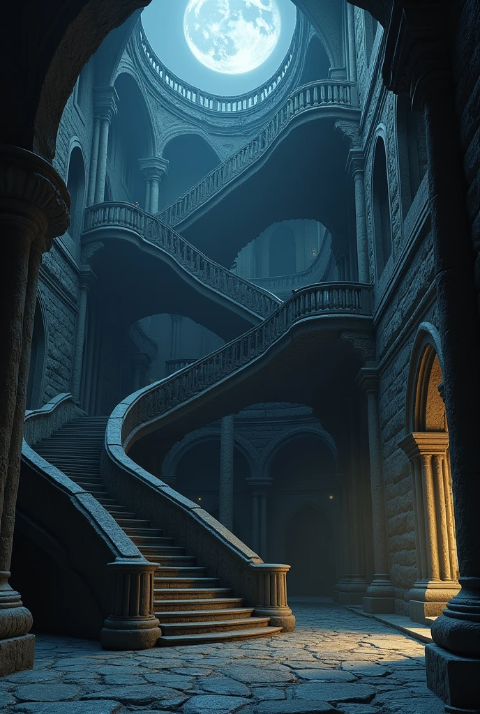 Background with some stairs inside a castle, at night