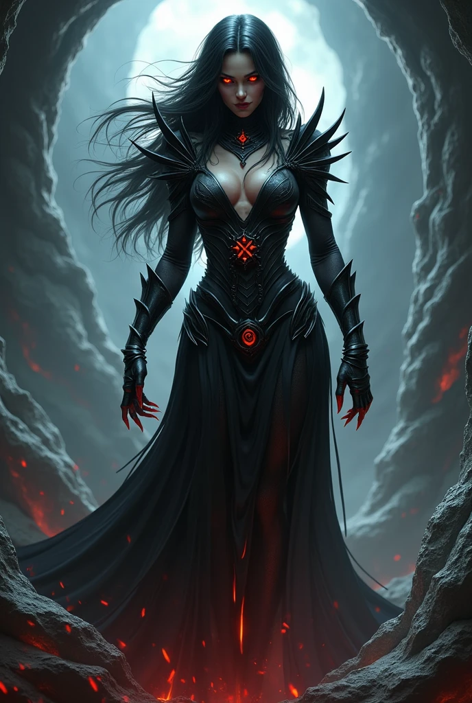 Create a 3D image of a sinister, evil female character. She has sharp, angular features with a wicked smile that exudes malice. Her eyes glow with a fiery intensity, reflecting her dark intentions. Her hair is long, dark, and wild, cascading down her back like a shadowy veil. She wears a dark, form-fitting gown adorned with spiked armor and dark, arcane symbols, giving her a menacing and powerful presence. Her hands are clawed, and she holds an ominous, glowing artifact that pulses with dark energy. The background is a twisted, darkened landscape with jagged rocks and swirling, ominous clouds, creating an atmosphere of dread and danger.