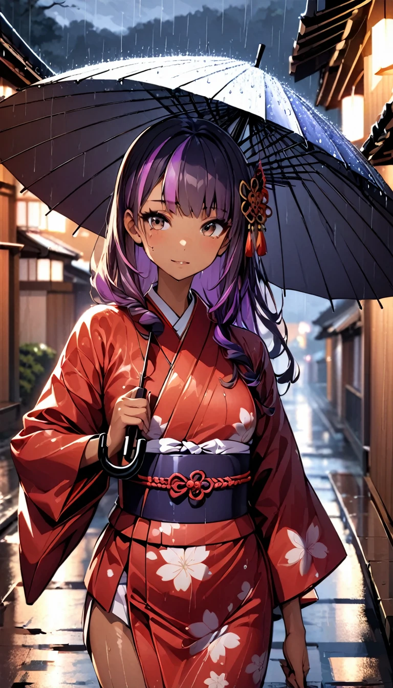 (highest quality:1.2, Very detailed, up to date, Vibrant, Ultra-high resolution, High Contrast, masterpiece:1.2, highest quality, Best aesthetics), Portraiture、girl, Bright colors、Beautiful fine details、Beautiful lip detail, long hair、black and purple ((streaked hair:1.6)), highlights hair: 1.5, brown eyes, ((slim body:1.4)), (small breast:0.7), (dark skin:0.5), (holding up umbrella:1.6), traditional Japanese kimono, long sleeve, red kimono, loose fit, rainy day, rain night, street in Kyoto, wet street, look at viewer, (cowboy shot),