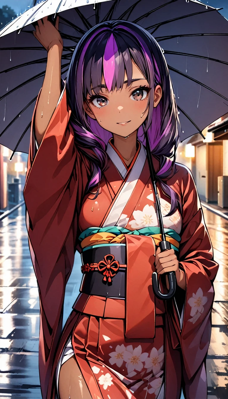 (highest quality:1.2, Very detailed, up to date, Vibrant, Ultra-high resolution, High Contrast, masterpiece:1.2, highest quality, Best aesthetics), Portraiture、girl, Bright colors、Beautiful fine details、Beautiful lip detail, long hair、black and purple ((streaked hair:1.6)), highlights hair: 1.5, brown eyes, ((slim body:1.4)), (small breast:0.7), (dark skin:0.5), (holding up umbrella:1.6), traditional Japanese kimono, long sleeve, red kimono, loose fit, rainy day, rain night, street in Kyoto, wet street, look at viewer, (cowboy shot),