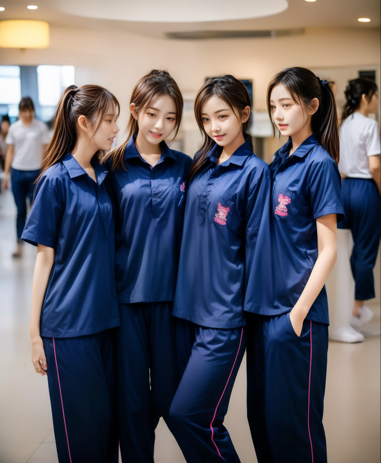 3 girls sleep on bed, Navy blue short-sleeved shirt,Navy Long Trackpant,Sweatpants, Sweatpantsขายาว,25 year old girl, lesbian, sexy, exercise clothes, wet body, exercise clothes