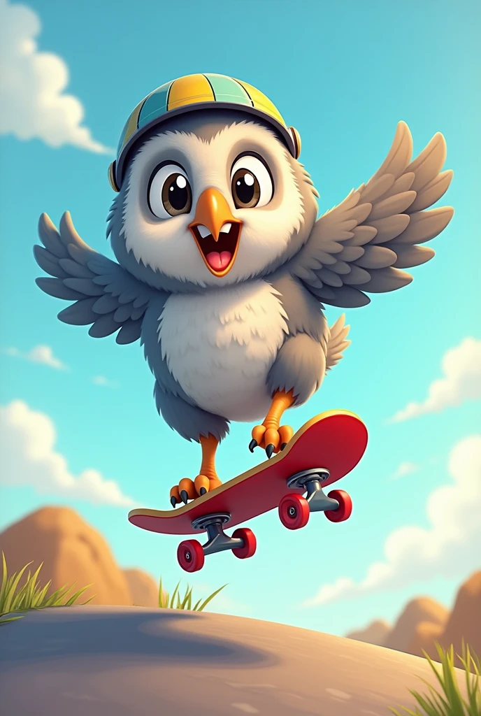 Create a cartoon-style image of an gray-furred owl skateboarding. The gray-furred owl should be mid-air, performing a jump on its skateboard. The owl is wearing a helmet for safety, and the scene should capture the dynamic motion of the jump. The overall style should be playful and vibrant, with attention to the owl's expressive features and the colorful skateboard.