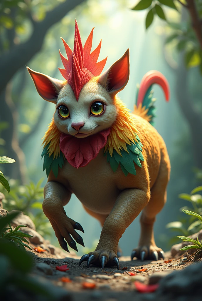 A mythical creature made of chicken, Parrot, kitty, rhinoceros and chihuahua