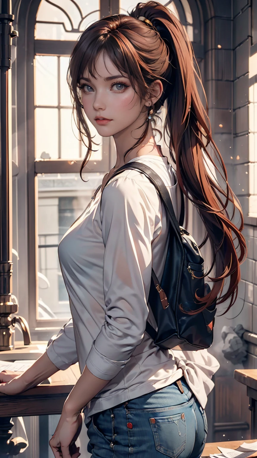 (draw) ((masterpiece, Highest quality)) (Character design sheet, same characters, front, ~ side, return, There are words written all around) Woman with long hair, Redhead with ponytail hairstyle, Brown eyes, Wearing a bulletproof vest, Zippered long sleeve T-shirt, White shirt and jeans, returnpack, Stand and relax
