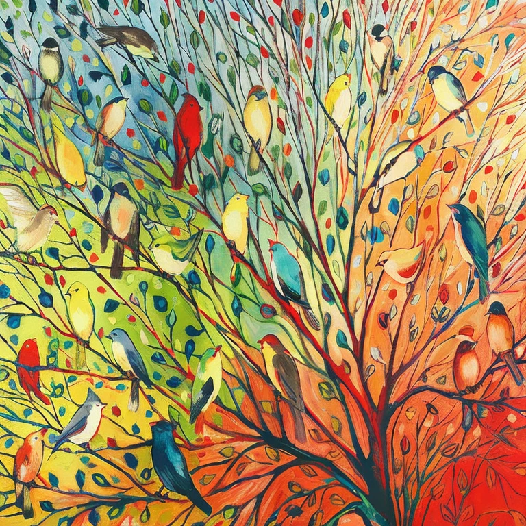 Draw a tree,Birds perched on the tree,Background is sky, birds and trees, brightly colored bird, Large color images, Mysterious Birds, intricate organic, Amazing Art, Birds in the sunshine, vibrant oil painting, Intricate oil painting artwork, Colorful oil painting, Bird on the cherry tree, Birds and Butterflies, Brightly colored oil painting on canvas, Written by Mia Brownell
