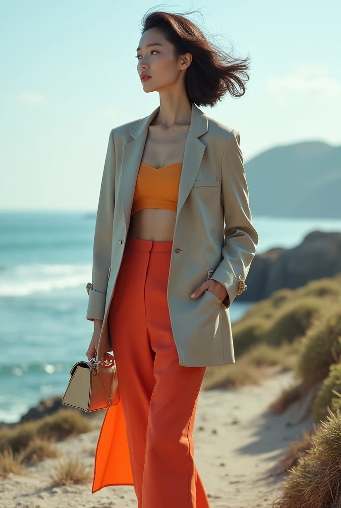 "Picture a Japanese female model strolling along a scenic coastline, her attire a sophisticated mix of mode fashion and subtle vintage charm. She wears an ensemble that combines the elegance of classic, urban-inspired fashion with a modern twist, incorporating sleek, tailored lines and innovative pairings that challenge traditional norms. A bold accent color adds a dynamic contrast, bringing a fresh, contemporary edge to her look. Her outfit also hints at a touch of old-fashioned style, blending timeless elements with the latest trends. The serene coastal setting enhances the contrast between the nostalgic and the modern, showcasing a new standard in fashion that seamlessly fuses the past with the present."