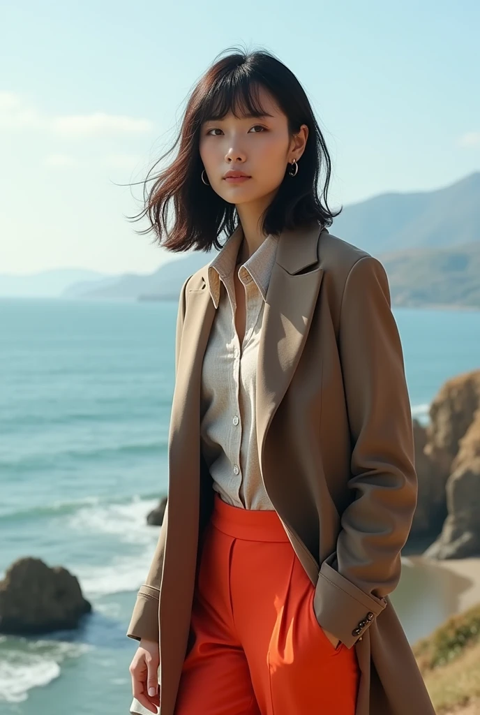 "Picture a Japanese female model strolling along a scenic coastline, her attire a sophisticated mix of mode fashion and subtle vintage charm. She wears an ensemble that combines the elegance of classic, urban-inspired fashion with a modern twist, incorporating sleek, tailored lines and innovative pairings that challenge traditional norms. A bold accent color adds a dynamic contrast, bringing a fresh, contemporary edge to her look. Her outfit also hints at a touch of old-fashioned style, blending timeless elements with the latest trends. The serene coastal setting enhances the contrast between the nostalgic and the modern, showcasing a new standard in fashion that seamlessly fuses the past with the present."