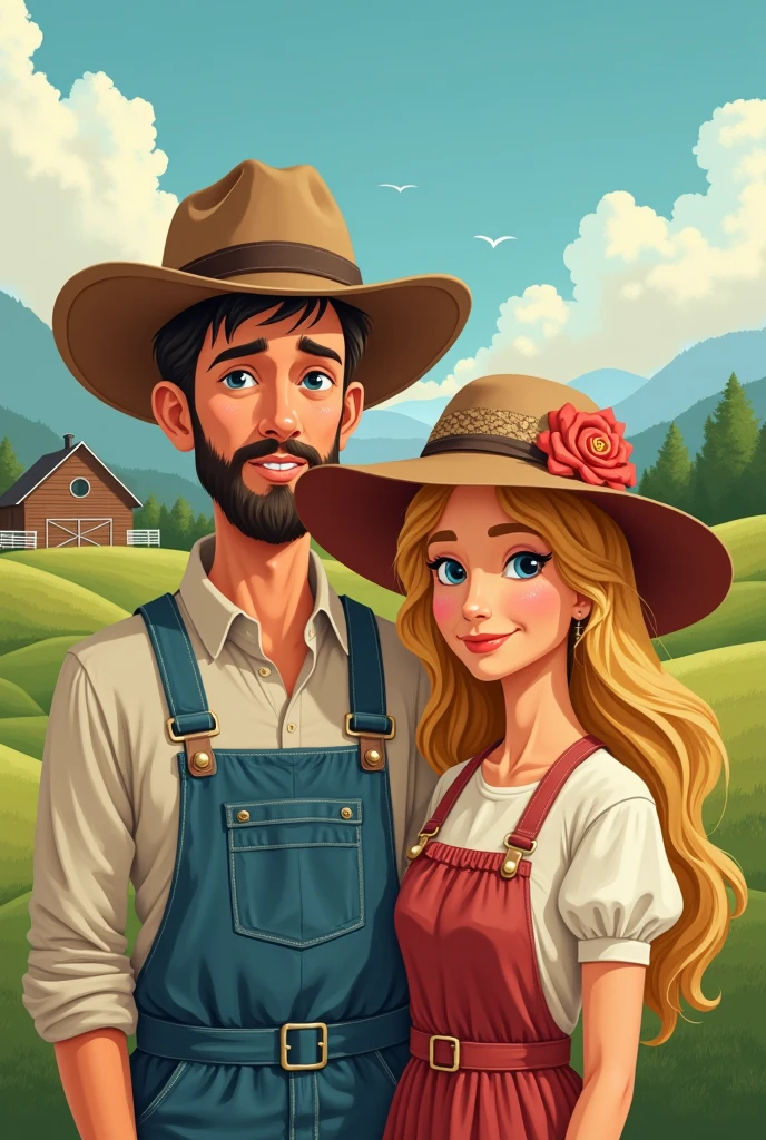 Draw a man with a farmer's cap next to a woman also wearing a hat, with blonde hair and blue eyes, farm theme., book cover style