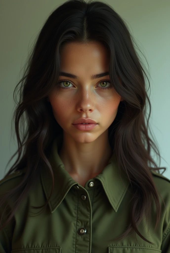 25 year old girl, Her long hair is dark brown and her eyes are green, Her skin is brown, square face, His expression is serious and cold, His clothes are in shades of green and brown. front view