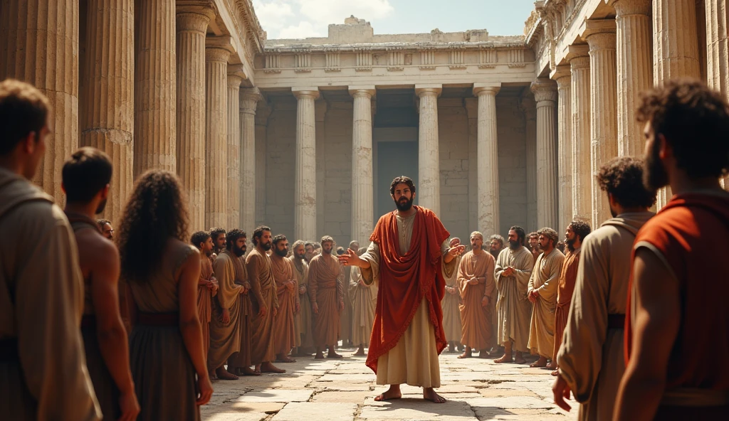 A detailed scene of the apostle Paul addressing the Areopagus in Athens, as described in the Book of Acts. Paul is standing, With an air of conviction and eloquence, before a group of Athenian philosophers and citizens, observing with interest and curiosity. The surrounding environment is the podium of the Areopagus, with classical ruins and columns of ancient Greek architecture visible in the background. Paul is dressed in traditional period clothing, while gesturing with his hands to emphasize his points. The image should capture the intellectual atmosphere and the  between Paul and the Athenian audience.