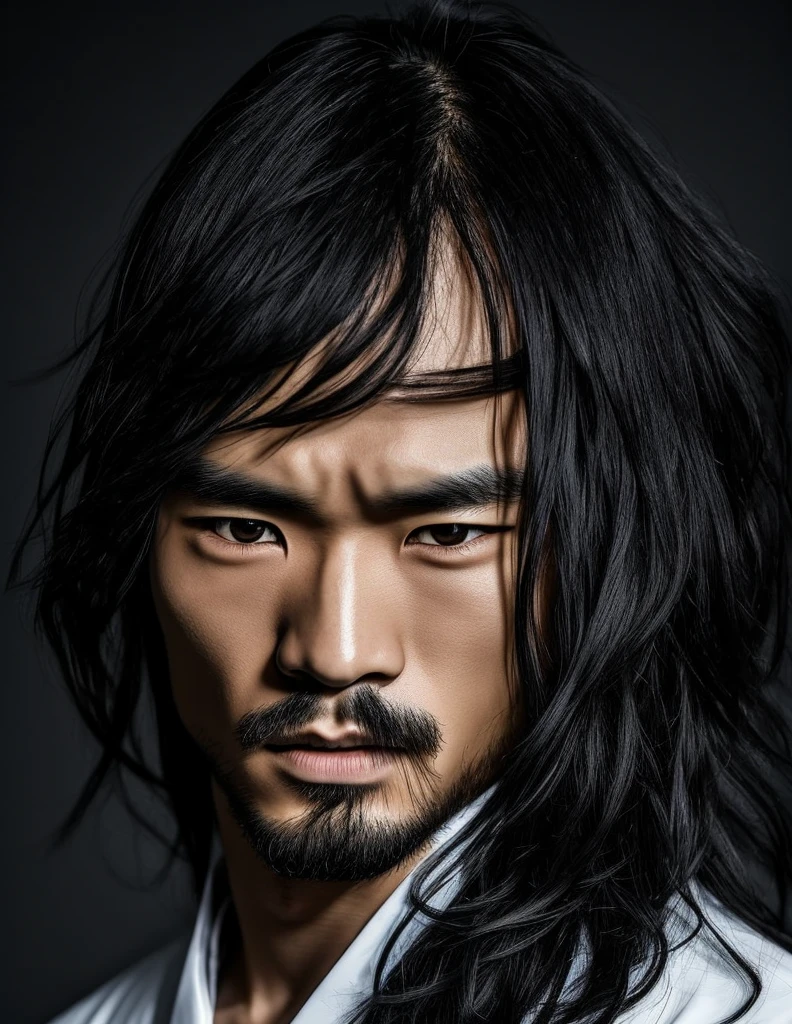 Describe a man, Japanese man, long hair, white left eye emitting light, black right eye emitting black shadows, fierce face, white light background, only showing the face.