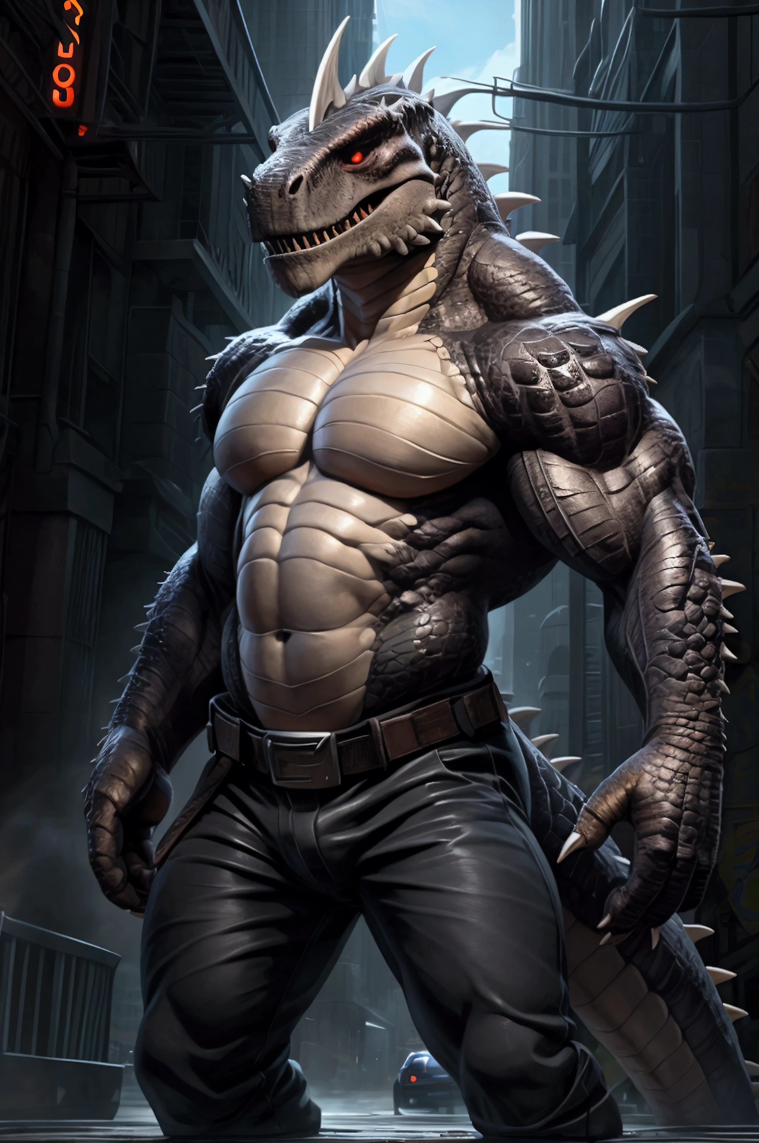 solo, anthro, furry male, T-Rex, (Spiny scales, scales, detailed muscles), (T-Rex print), black scales, white belly, spiny scales, standing up, bodyguard outfit, black claws, red eyes, slit eyes, slim fit, muscular slim, cracking knuckles, cyber street, street, crazed look, menacing, raging, angry, detailed eyes, pecs, hind leg, tail, long tail, looking at viewer, (Masterpiece, by null-ghost, hi-res, 8k), naked torso, black camo pants, front pov,