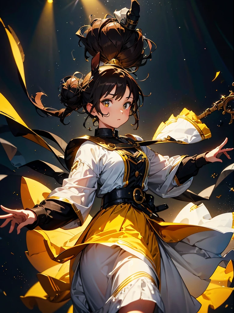 Black Background, Black background with spotlight, fantasy class,Bun Hair,Brown Hair, Cowboy Shot,Looking_in_Audience, White and yellow clothes