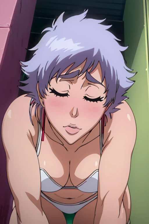 masterpiece, Very detailed, Beautiful white skin with a pinkish tint大きな胸, Too big breasts,sexy short cut, cute,Subjective,Shiny skin, Troubled face, crawl on all fours,Peeking into this,Light blush, Embarrassed, kiss face,Angle from below,Closed eyes, pout, In underwear,tongue, tongueを出す, Pink lipstick