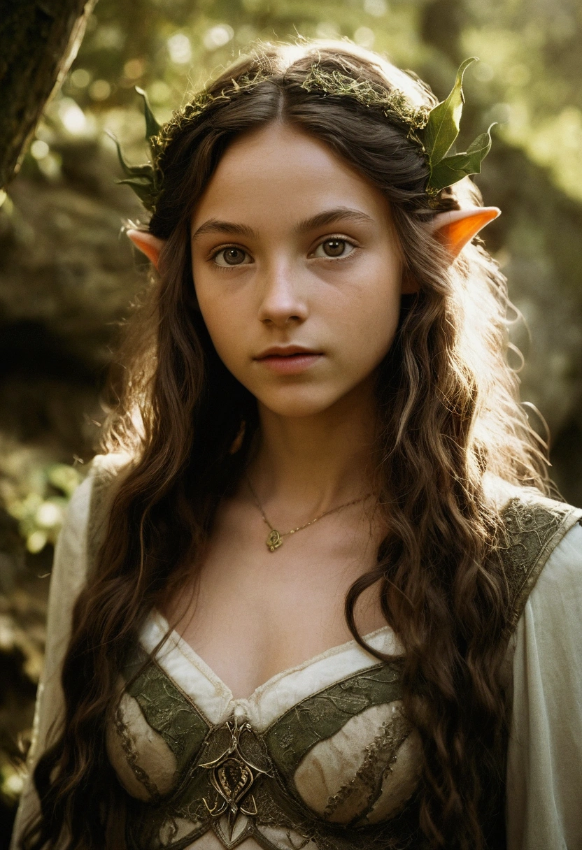 analog film photo, photo of a young elven girl, 18 years old, elf ears, amber eyes, dark brown hair, long messy waves, sun-tanned complexion, olive skintone, slender hourglass figure, narrow waist, full hips, plump buttocks, wearing elven lingerie, resembles Mackenzie Foy, strolling through a fantasy landscape, RAW Photograph, dslr, soft lighting, high quality, film grain, Fujifilm XT3, detailed skin with visible pores, insane details, masterpiece, 8k, 35mm photograph, dslr, kodachrome, faded film, desaturated, grainy, vintage, Lomography, stained, highly detailed, found footage, close-up shot, elven ears