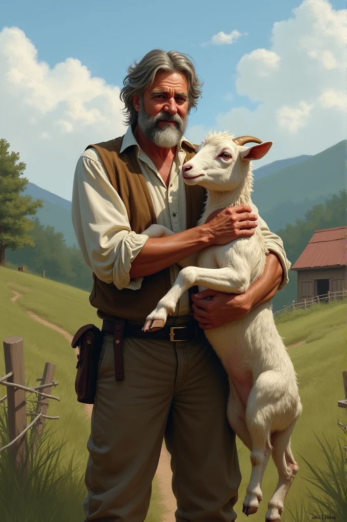 The man is holding a goat. 