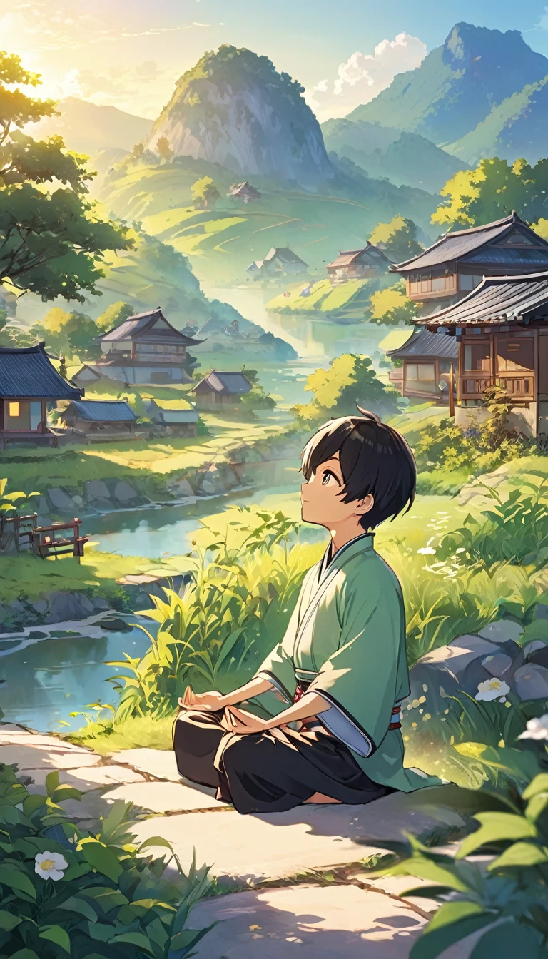 gentle lighting, clear colour, peaceful vibe, an anime chinese boy character illustration has meditation pose, village landscape--ar 3:2 --niji 6