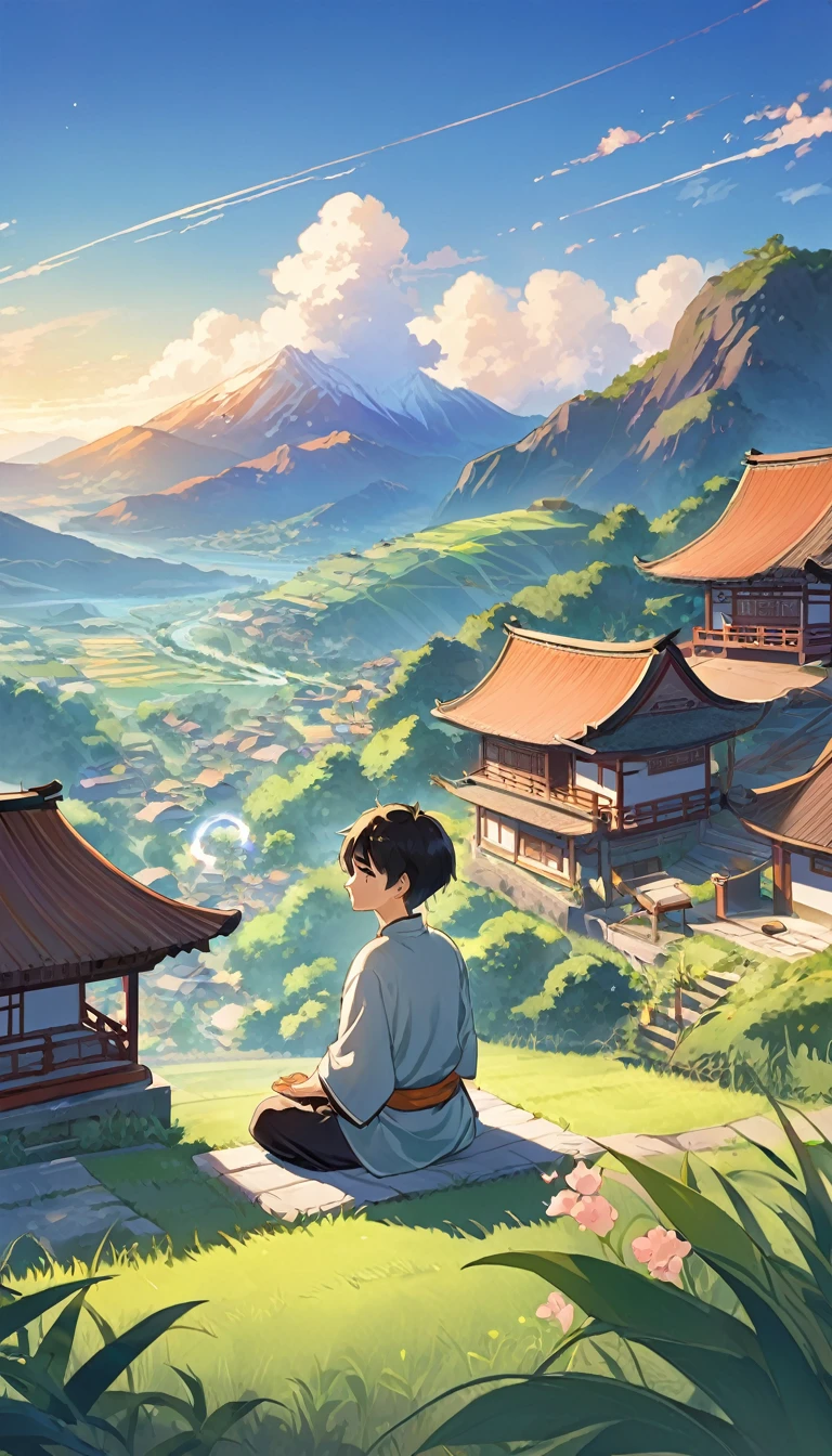 gentle lighting, clear colour, peaceful vibe, an anime chinese boy character illustration has meditation pose, village landscape--ar 3:2 --niji 6