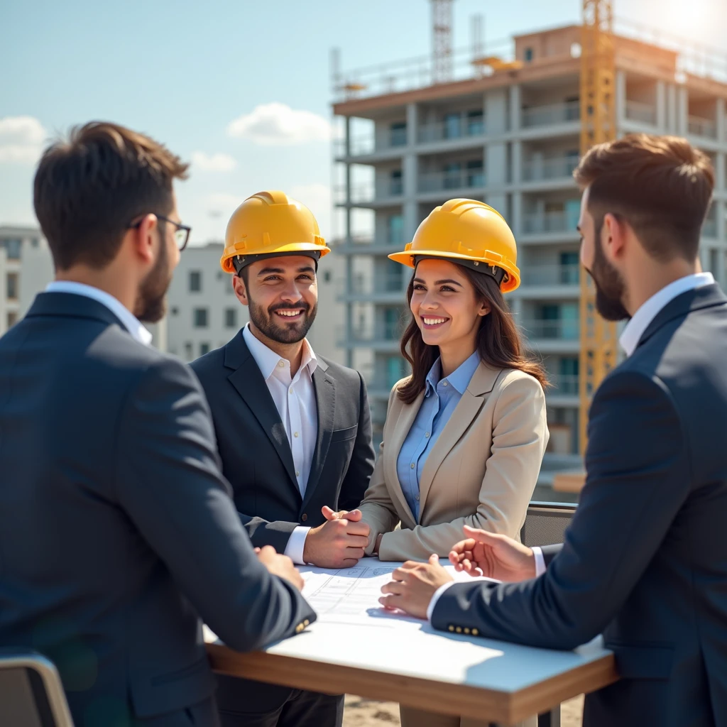 A young man and woman wearing helmets holding documents are meeting with business colleagues with a building under construction in the background