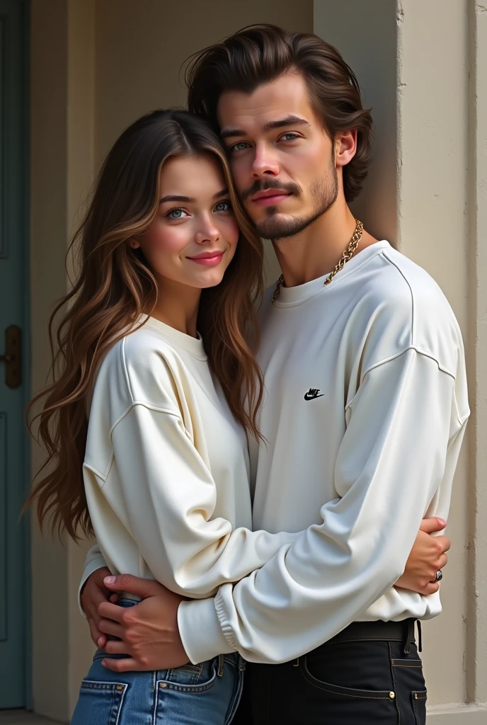 Mia Styles was a daughter from a famous singer Harry Styles, she was er teenager girl, she look like her dad from eyes, lips, smiles and her eyes colour were blue, brown hair, pale white skin, beautiful, wearing Nike logo white sweater in the middle of black bootcut pants. She is standing beside her father who wear casual wear. Her dad was Harry Styles