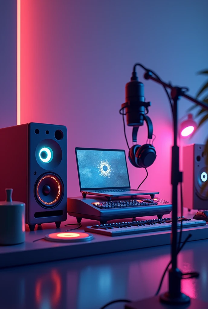 I want an cover art for my album. The cover art should be based on music studio but it should be look like a studio of low budget in animation type
There should be one speaker with RGB light, one mic on which headphones are hanging and laptop with RGB light
