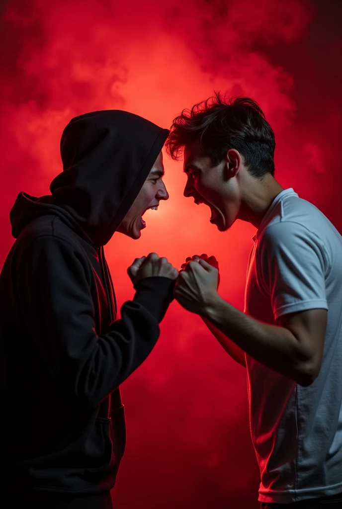 A powerful and striking photograph of two students engaged in a heated confrontation. The background is a deep, blood-red hue, adding an intense and unsettling atmosphere to the scene. The students are standing face-to-face, their expressions displaying anger and frustration. One is wearing a black hoodie and the other a white shirt, both with clenched fists. The image captures the raw emotion and tension of student violence., photo