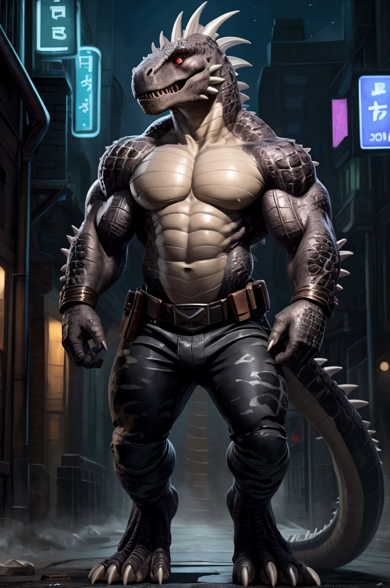 solo, anthro, furry male, T-Rex, (Spiny scales, scales, detailed muscles), (T-Rex print), black scales, white belly, spiny scales, standing up, bodyguard outfit, black claws, red eyes, slit eyes, slim fit, muscular slim, cracking knuckles, cyber street, street, crazed look, menacing, raging, angry, detailed eyes, pecs, hind leg, tail, long tail, looking at viewer, (Masterpiece, by null-ghost, hi-res, 8k), naked torso, black camo pants, front pov,