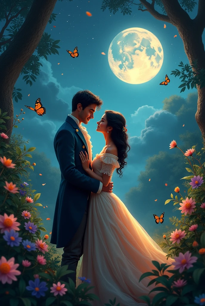 Rakib named boy who wears 1864 man dress.Neha named girl wear 1864 dress.They are lovely couple.They are in jungle in nighttime.Theres a lot of flowers and butterflies.And Stars in the sky