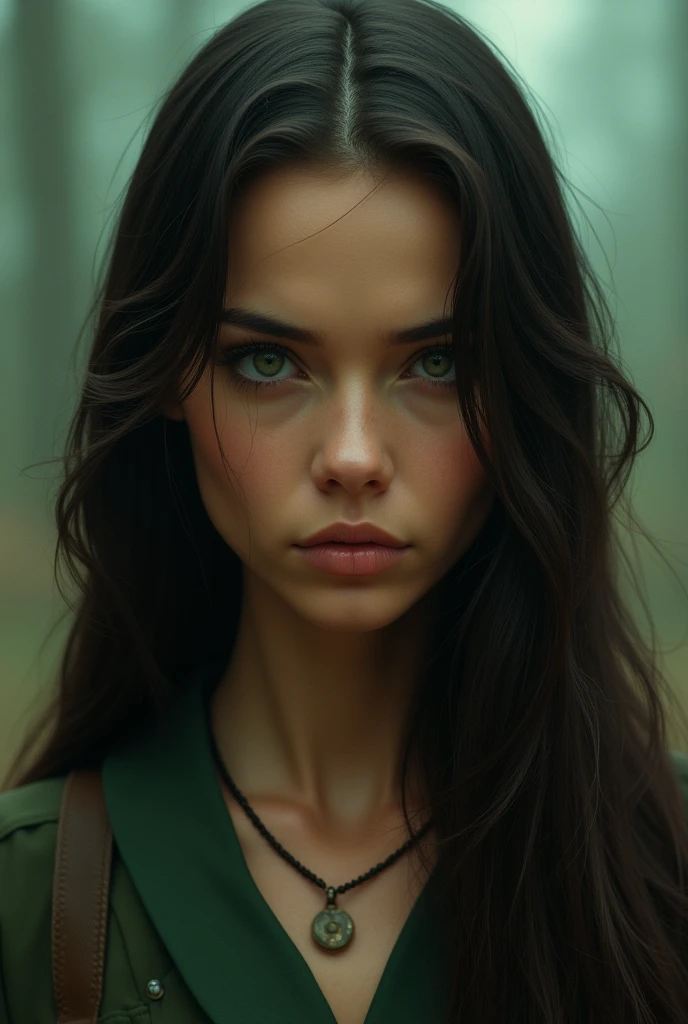 25 year old girl, Her long hair is dark brown and her eyes are green, Her skin is brown, square face, His expression is serious and cold, His clothes are in shades of green and brown. front view