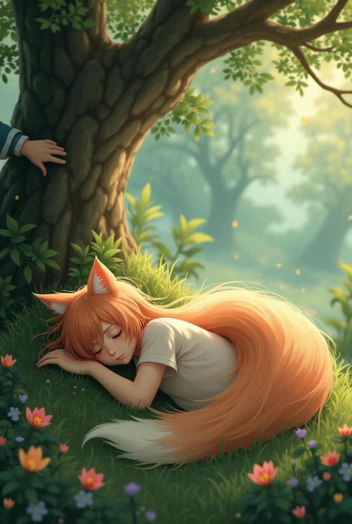 young guy with long peach colored hair with fox ears with fox tail in Chinese clothes sleeps under the tree in magical forest someone's hand grabs his tail realistic