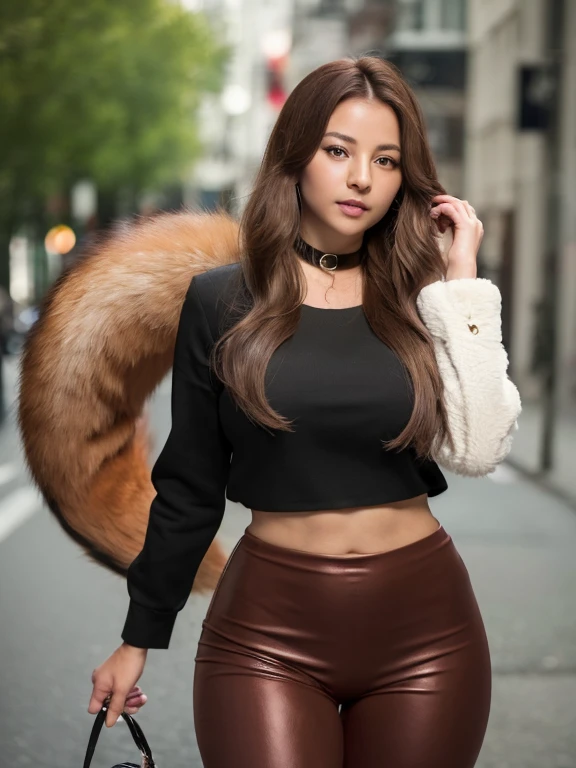 ((Highest quality, 8k)), ((masterpiece)), (Highest Resolution), Perfect Face, Fox Woman, Female college student, Beautiful woman, public, One tail, she has thick thighs, Big tail, She has a brown fox tail., She wags her tail, Troubled face, Fur collar, She is wearing business pants, Beautiful Hips , The tail sticks out from the panty.