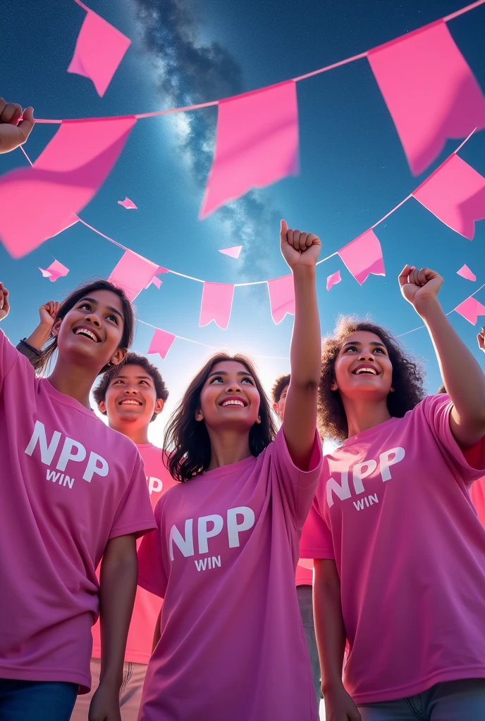 Word "Npp WIN" Sri Lankan young peoples with NPP printed pink color t shirt, pink color 5 bunting strips in universe 