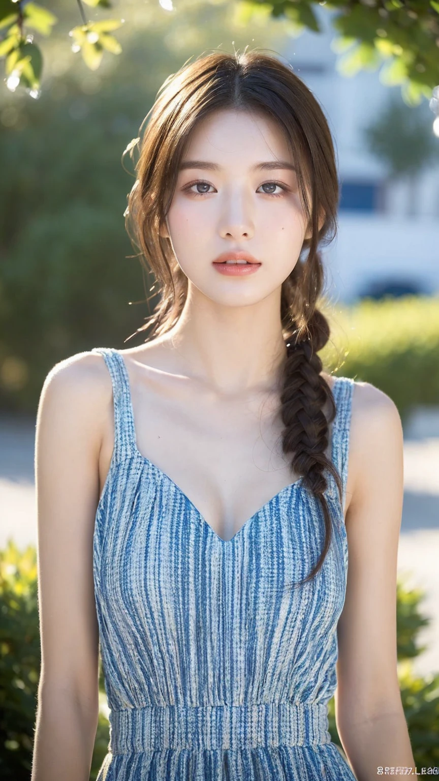 ((Best quality, 8k, masterpiece:1.3)),1girl,18 years old,Asian,Real texture:1.3,(Background blur:1.3),Dress,Tall and slender figure:1.2,(Hot summer weather),Highly detailed face and skin textures,Exquisite eyes,Long eyelashes,Double eyelids,Skin Whitening,happy,Beautiful breasts