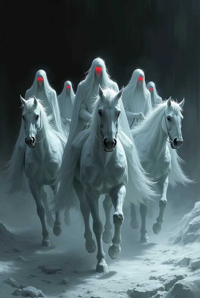 In black and white, make 13 vampires made of ice with red eyes riding horses.