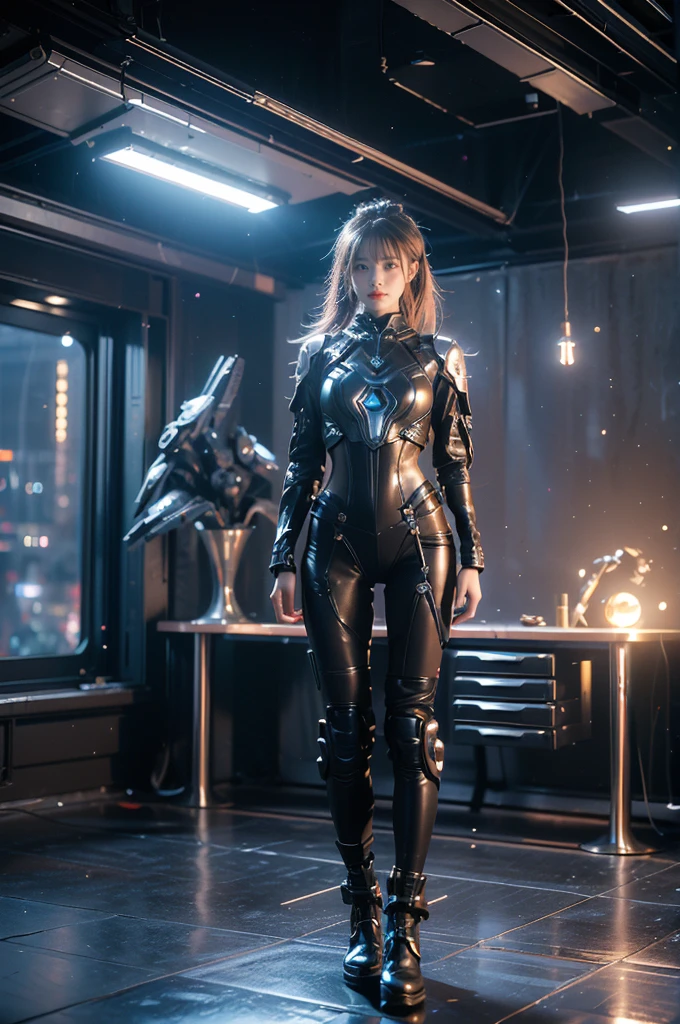 game art，best picture quality，Highest resolution，8k, the girl handling two laser guns, with cyber armor, spark, with light shoes((full body photo)), (rule of thirds)，Unreal Engine 5 rendering works， (Future girl)，(female warrior)， 25-year-old young hacker)，(ancient oriental hairstyle)，(Beautiful eyes full of details)，(big breasts)，(eye shadow)，Elegant and charming，indifferent，((frown))，(Combat suit lingerie of futuristic technology，The costume combines futuristic power armor and，Clothing is decorated with glittering patterns and emblems)，cyberpunk characters，in the style of futuristic， photo poses，spark light background，lamp，Ray tracing，Game CG，((3D Unreal Engine))，OC rendering reflection pattern