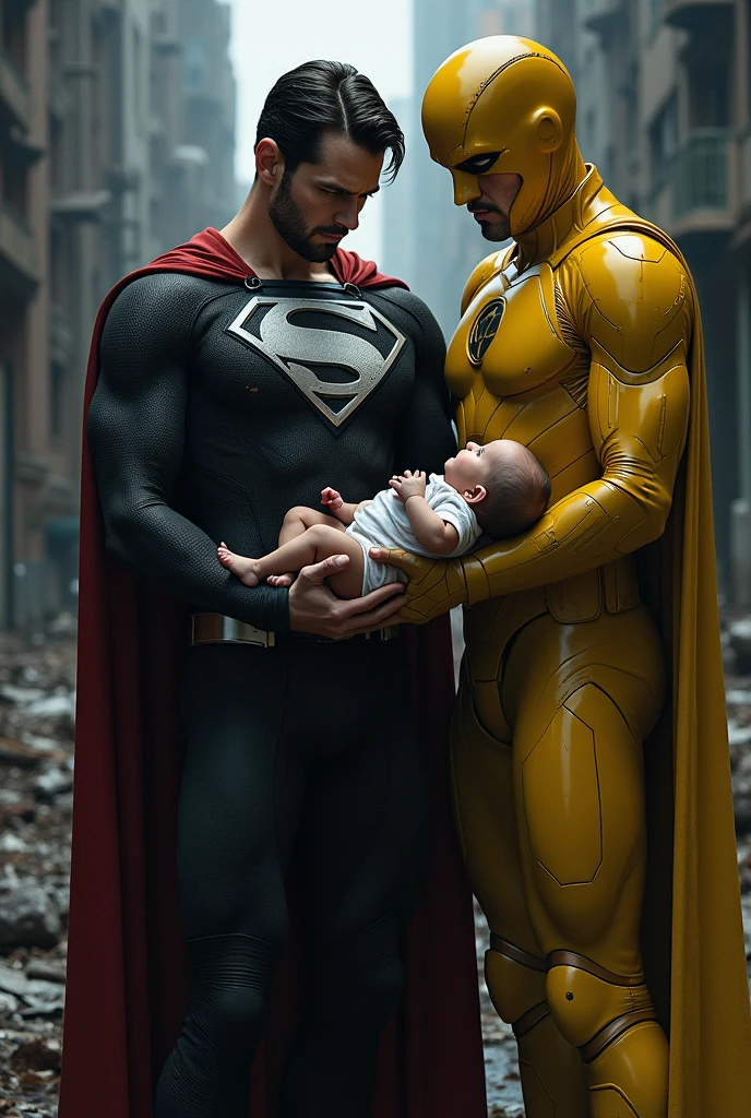 A superhero, injured, wearing a black suit with a white 'S' on his chest, holding the foot of a baby. Another superhero in a yellow suit is beside him. 